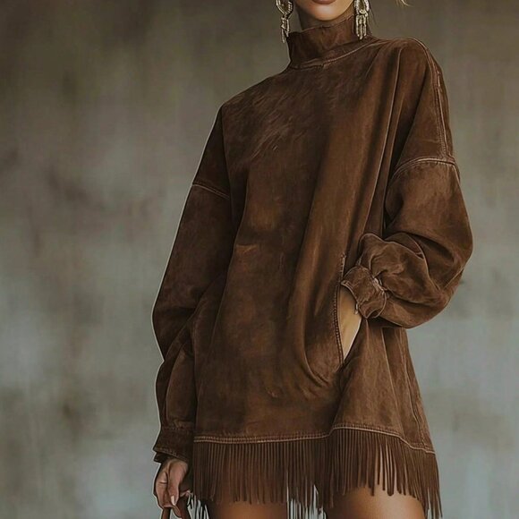 Dresses & Skirts - Brown Bohemian Women's High-Neck Suede Fringed Long Sleeve Dress With Pockets